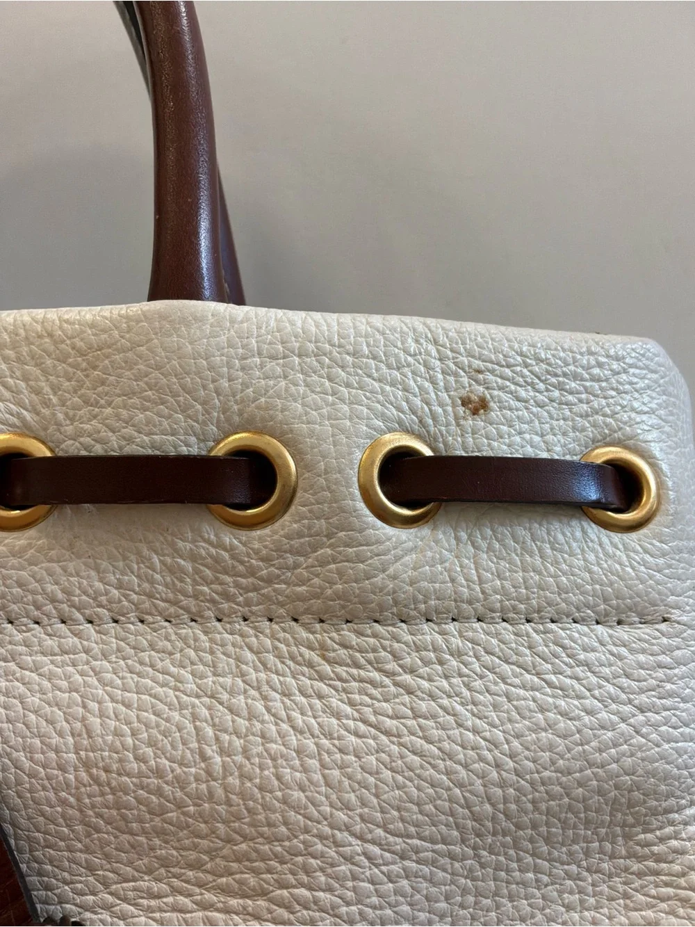 Dooney & Bourke White Pebbled Leather Satchel with Brown Trim and Tassel